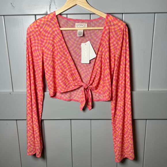 L*Space Lightweight Geometric Pink and Orange Tie Front Wrap Size M NEW - Picture 1 of 8